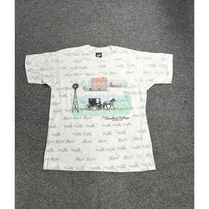 Vintage 90s White AOP Farmland Omish Graphic T-Shirt Single Stitch Size Large